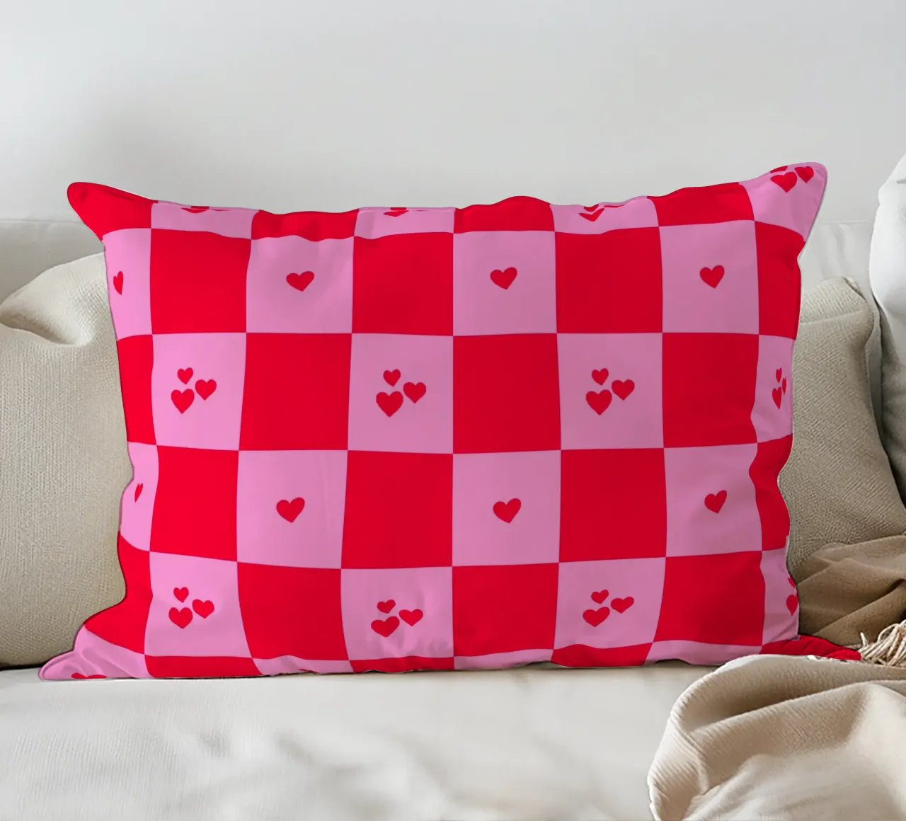 Grid heart pattern - pink and red decorative cushion by Wackapacka
