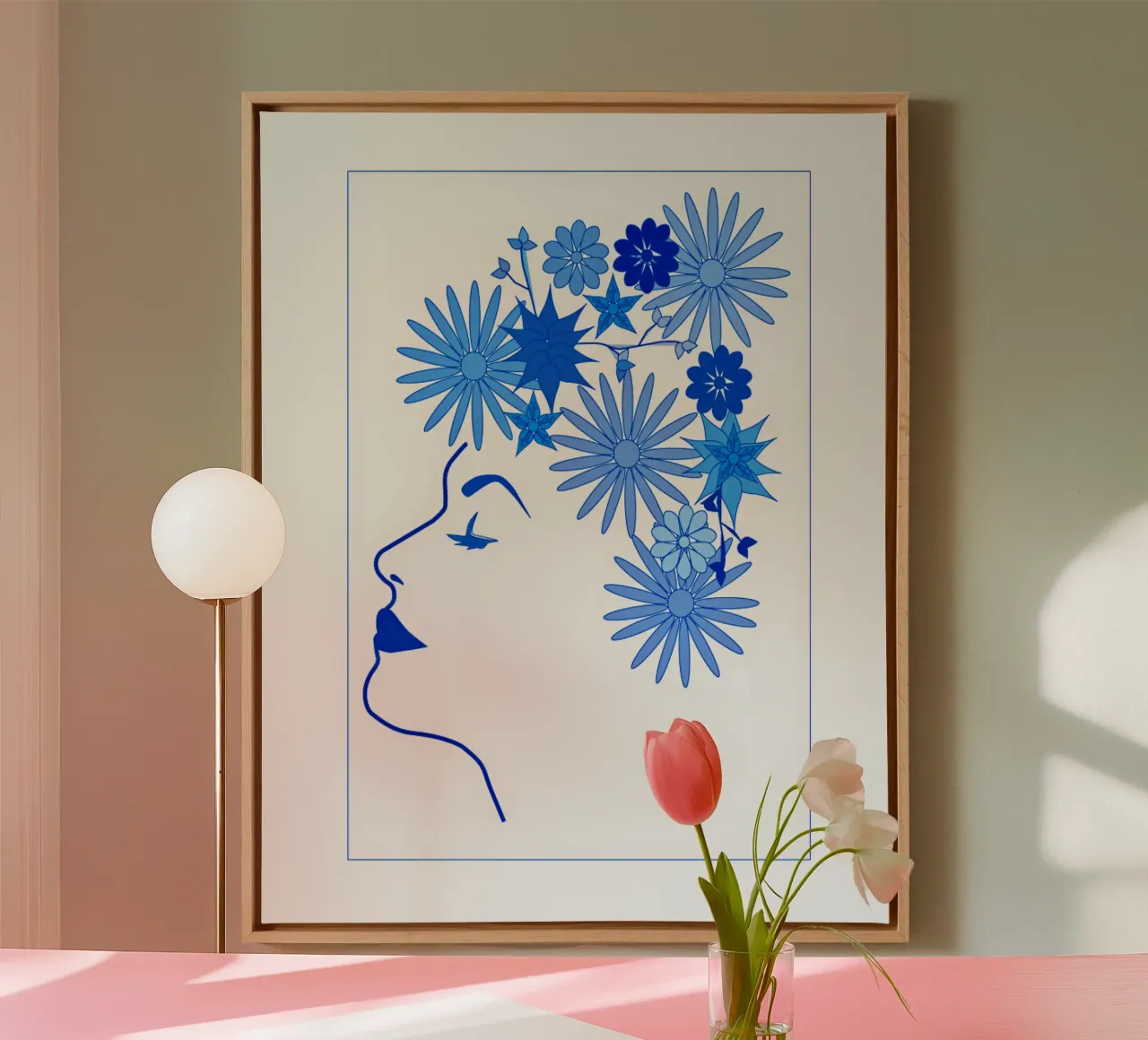 Blauw gezicht canvas met Baklijst van SunflowerDE