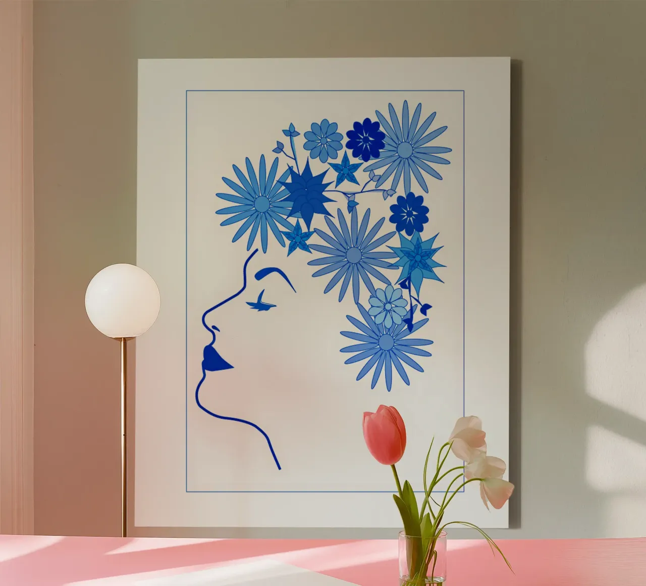 Blauw gezicht canvas met Baklijst van SunflowerDE