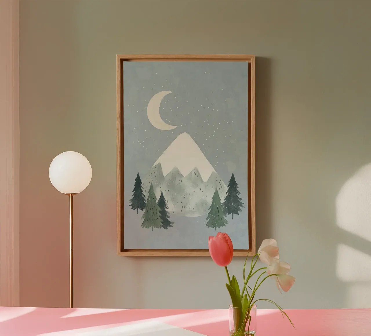 Wilderness Nursery Illustration, Mountain and Trees Playroom canvas with Floater frame by Little Lola