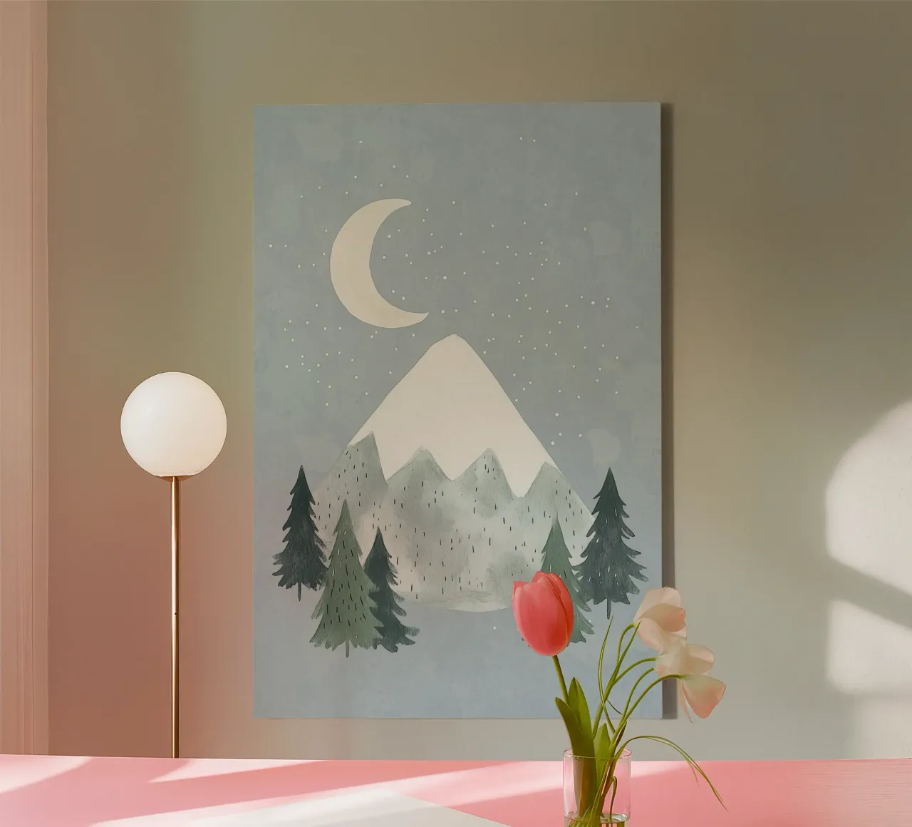 Wilderness Nursery Illustration, Mountain and Trees Playroom canvas with Floater frame by Little Lola