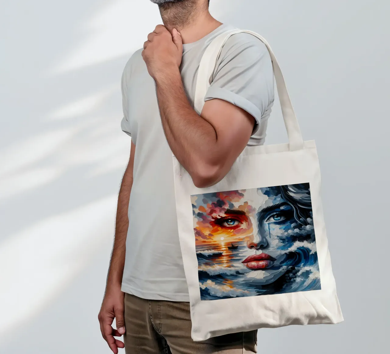 Sonne, Meer und Wellen Porträt Jutebeutel von ARTOMATIC