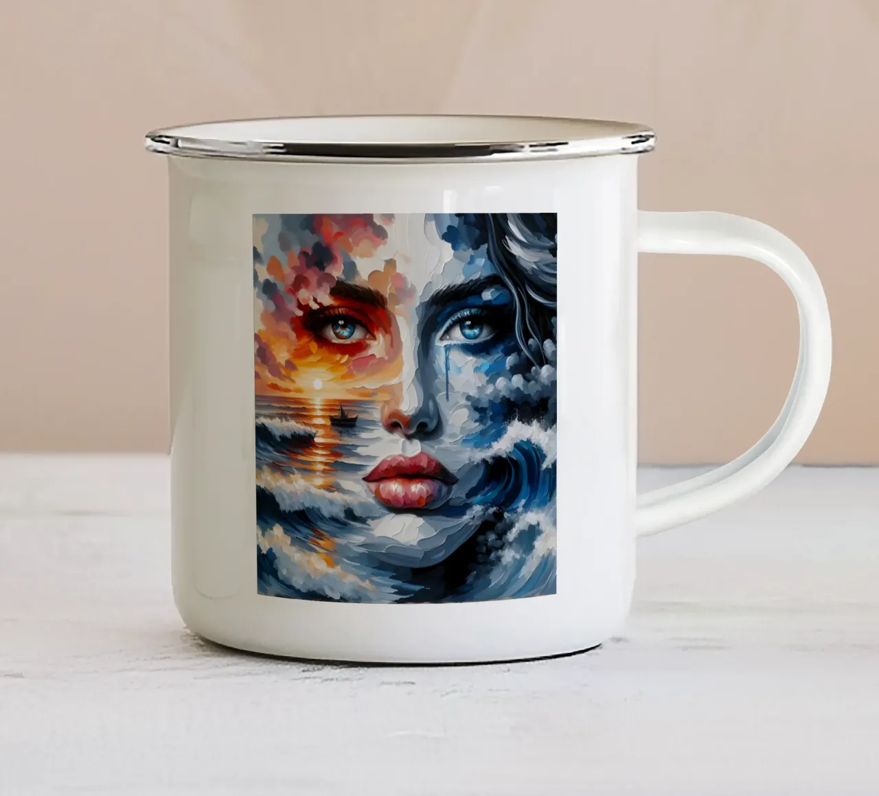 Ritratto di sole, mare e onde tazza in smalto da ARTOMATIC