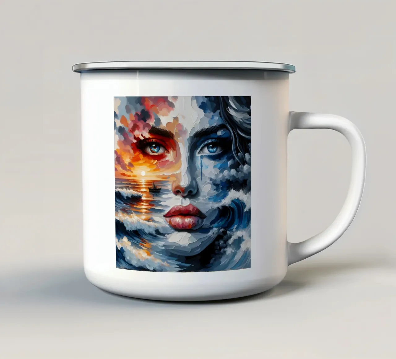 Ritratto di sole, mare e onde tazza in smalto da ARTOMATIC