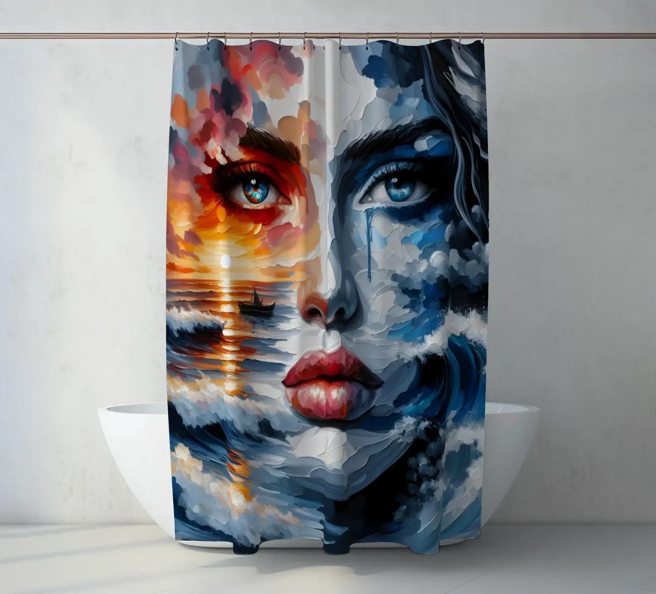 Sonne, Meer und Wellen Porträt Duschvorhang von ARTOMATIC