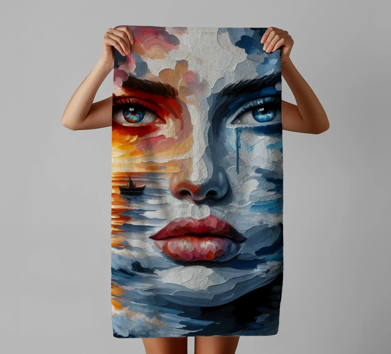 Sonne, Meer und Wellen Porträt Handtuch von ARTOMATIC