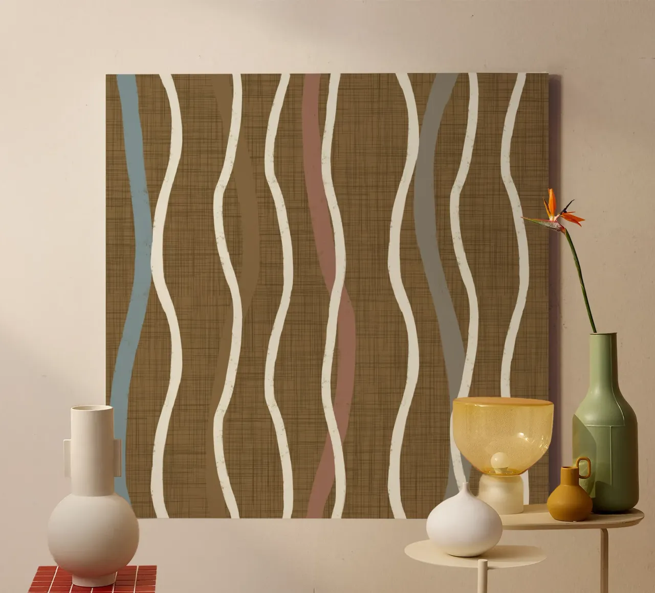 Linee ondulate retrò Oro spento PANTONE 17-0935 - Mid Century Mod tela da susanacosta