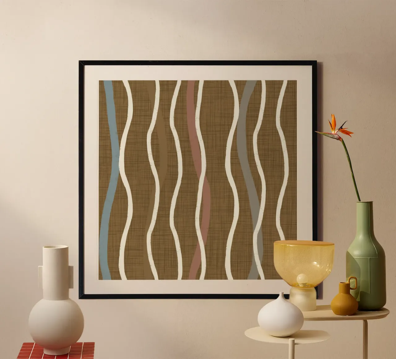 Linee ondulate retrò Oro spento PANTONE 17-0935 - Mid Century Mod carta hahnemühle da susanacosta