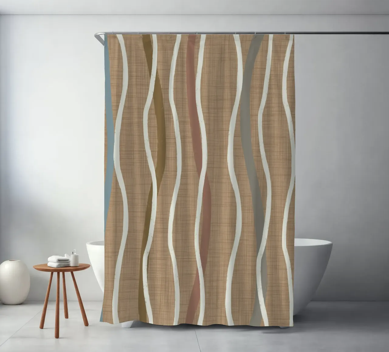 Linee ondulate retrò Buffed Beige PANTONE 20-0025 Metà secolo tenda da doccia da susanacosta