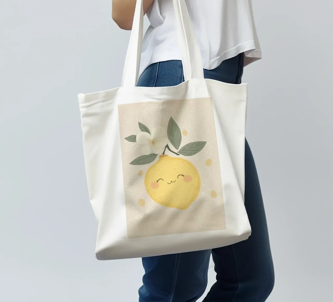 Illustrazione di un piccolo limone felice per la cameretta dei bambini borsa in juta da Little Lola