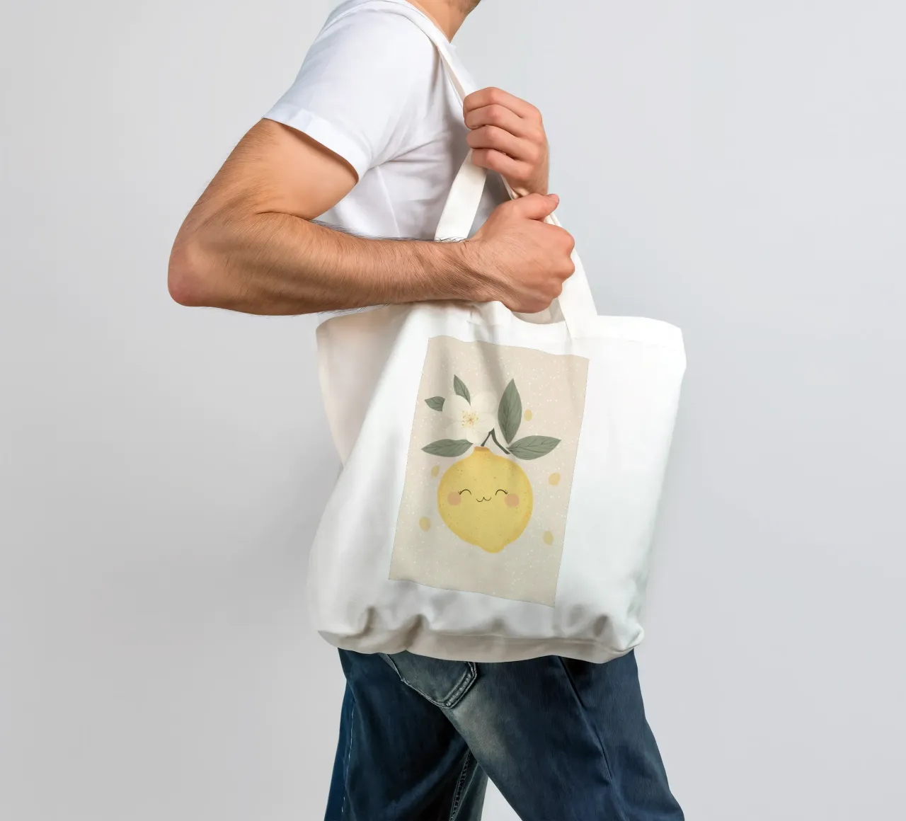 Illustrazione di un piccolo limone felice per la cameretta dei bambini borsa in juta da Little Lola