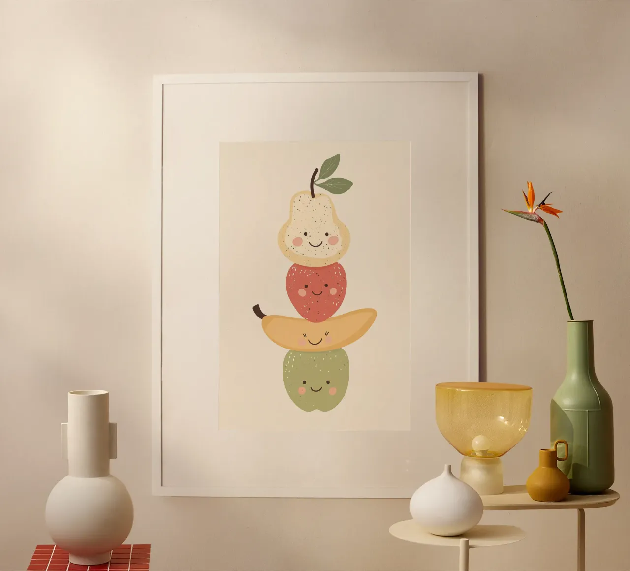 Fruit Print for Kids Nursery, Balancing Fruit Illustration poster con telaio in legno da Little Lola
