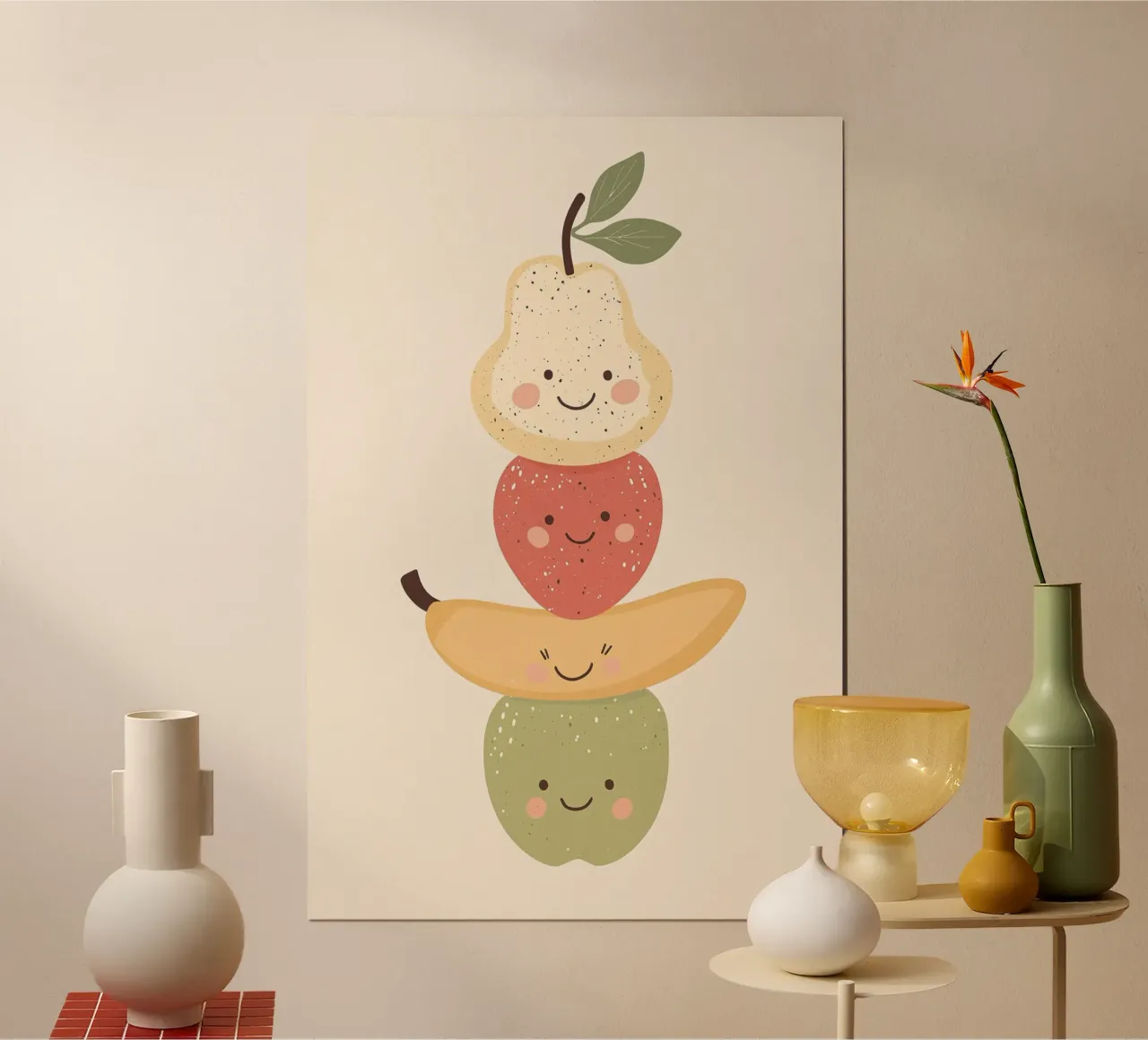 Fruit Print for Kids Nursery, Balancing Fruit Illustration poster con telaio in legno da Little Lola