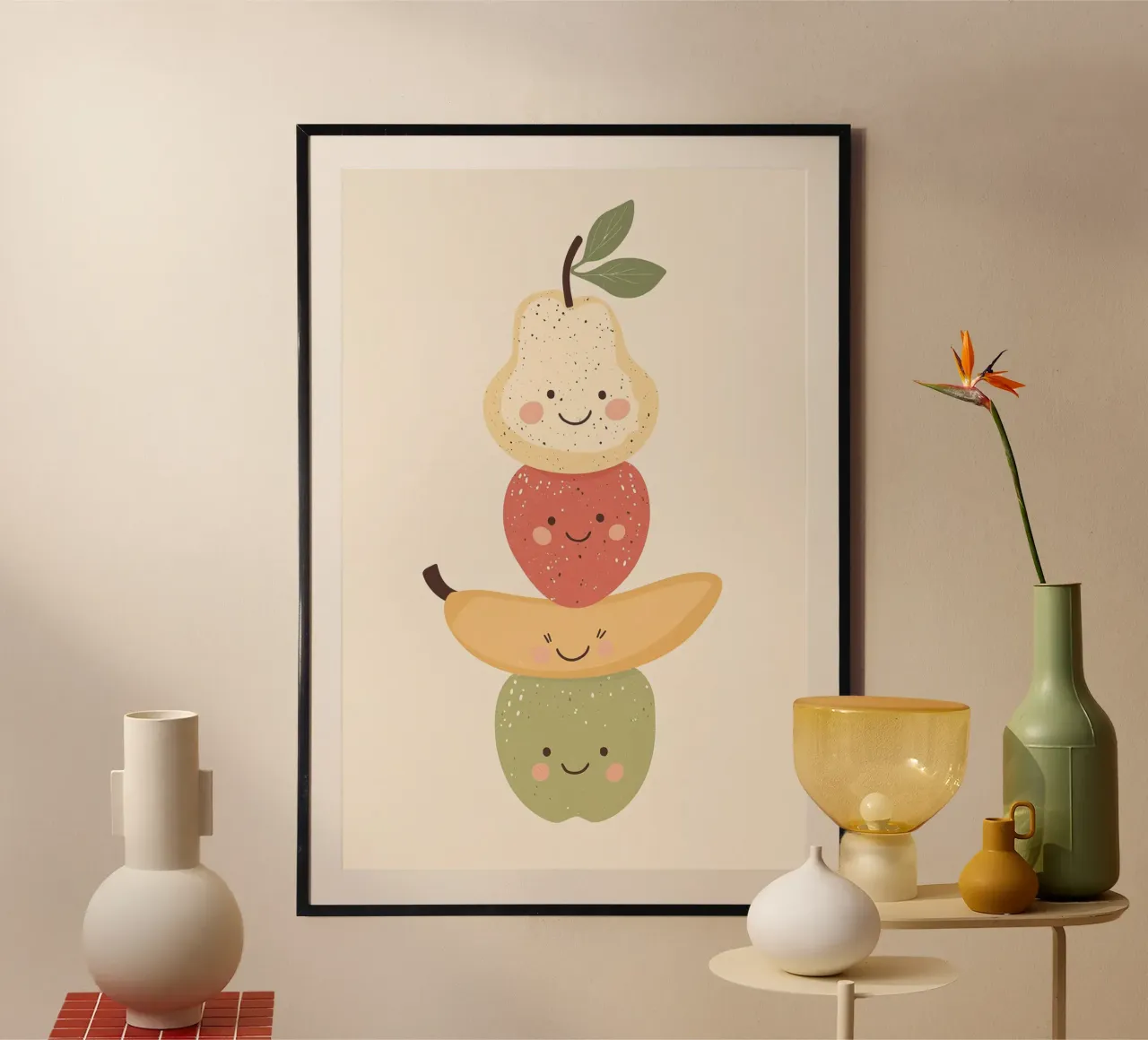 Fruit Print for Kids Nursery, Balancing Fruit Illustration poster con telaio in legno da Little Lola