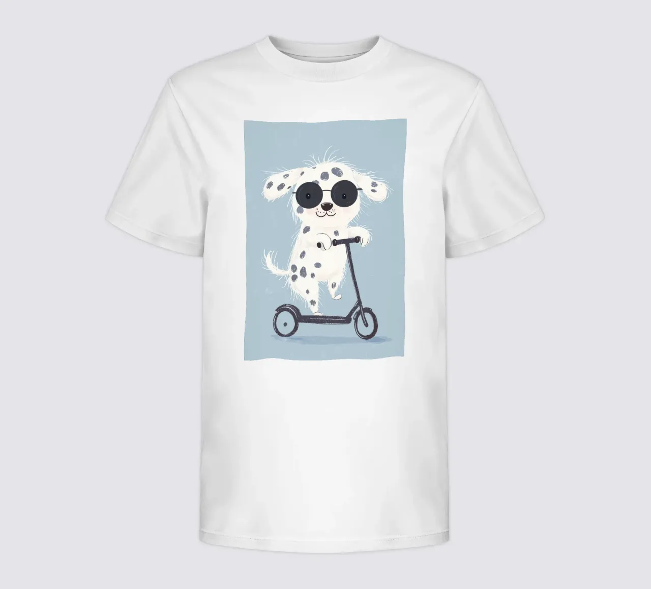 Children's Print, Dalmatian Illustration Cute Puppy Scooter kids t-shirt by Little Lola