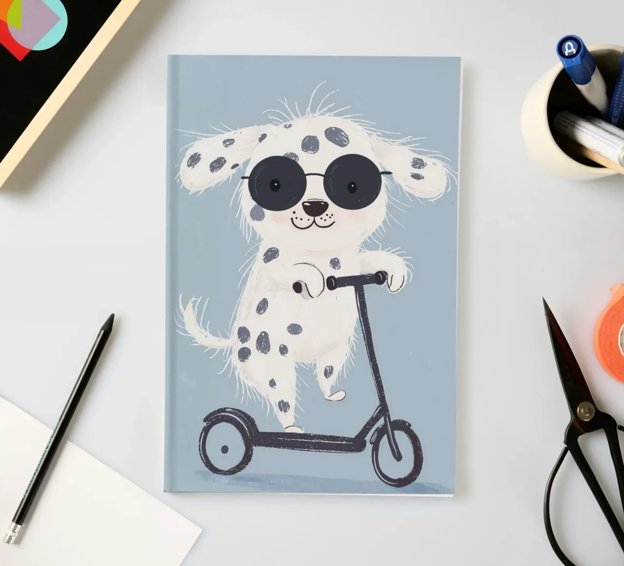 Imprimé pour enfants, illustration dalmatien, chiot mignon, scooter carnet de notes de Little Lola