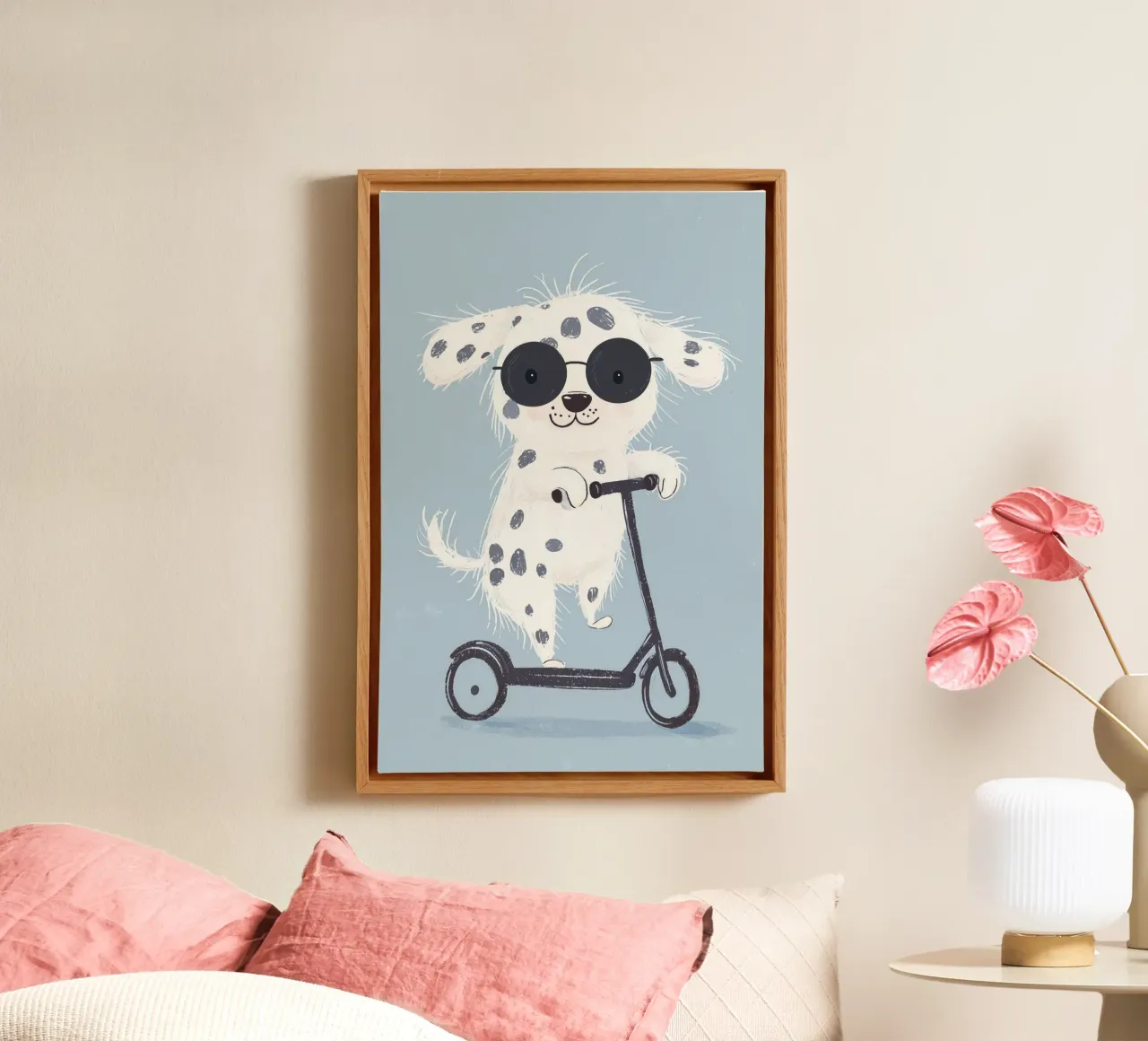 Kinderbedrukking, Dalmatiër Illustratie Schattige Puppy Scooter canvas met Baklijst van Little Lola