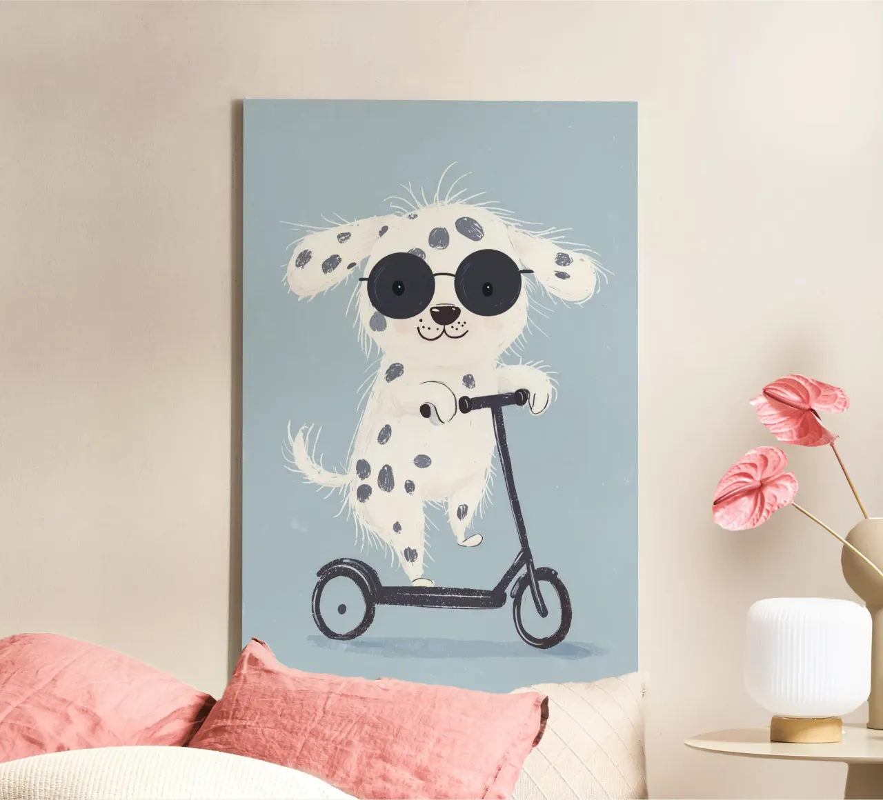 Kinderbedrukking, Dalmatiër Illustratie Schattige Puppy Scooter canvas met Baklijst van Little Lola