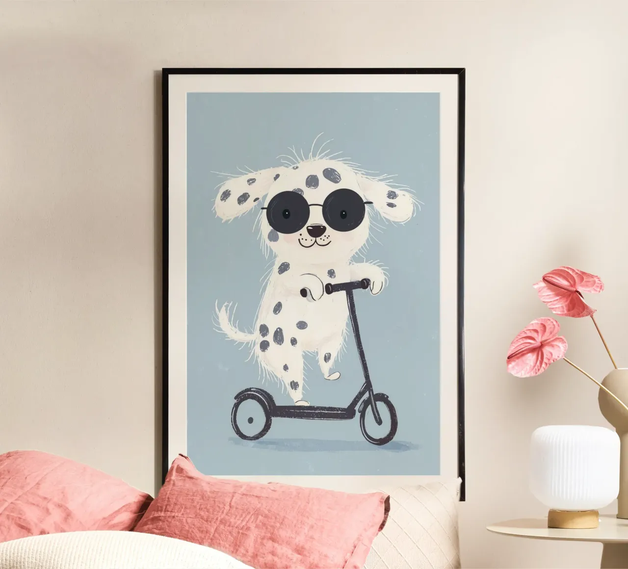 Stampa per bambini, Illustrazione di dalmata, cucciolo carino in monopattino poster con telaio in plastica da Little Lola