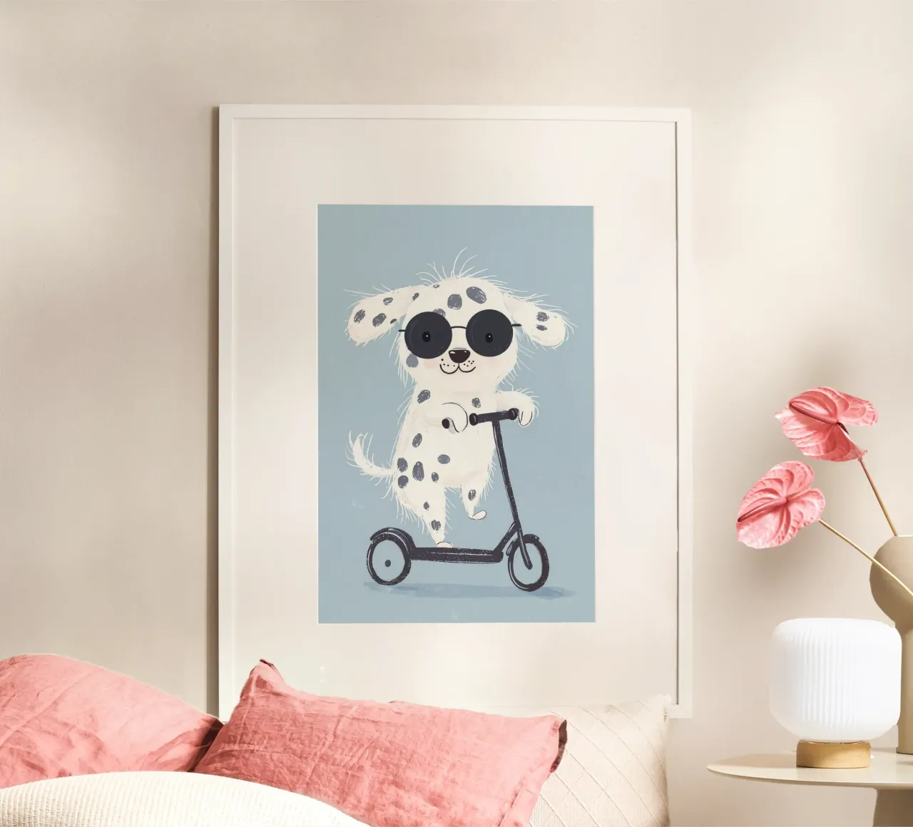 Stampa per bambini, Illustrazione di dalmata, cucciolo carino in monopattino poster con telaio in plastica da Little Lola