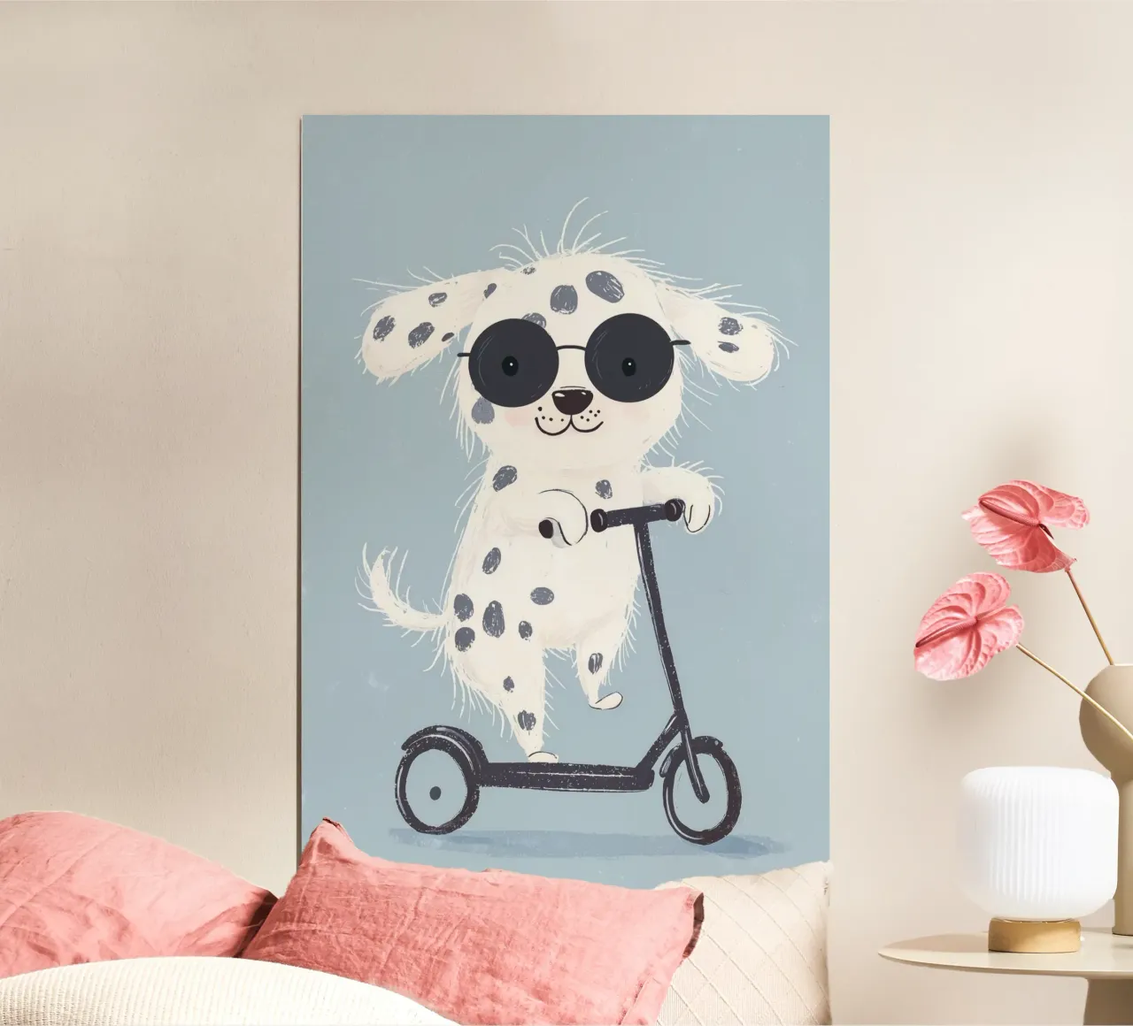 Stampa per bambini, Illustrazione di dalmata, cucciolo carino in monopattino poster con telaio in plastica da Little Lola