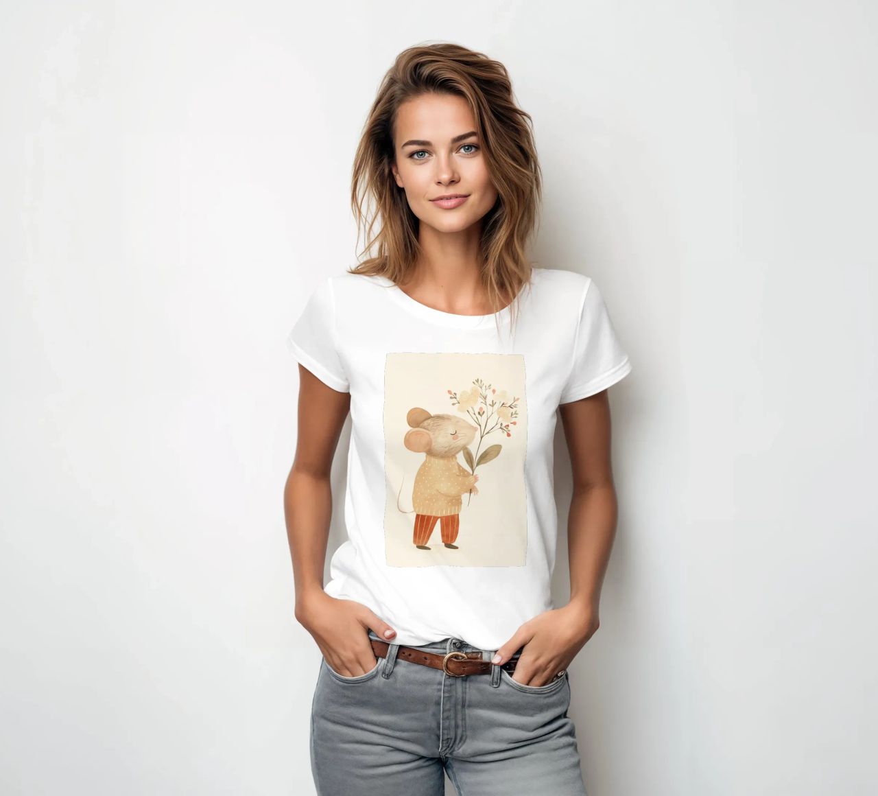 Aquarell Maus hält Blumen, Kinderzimmer Druck Frauen T-Shirt von Little Lola