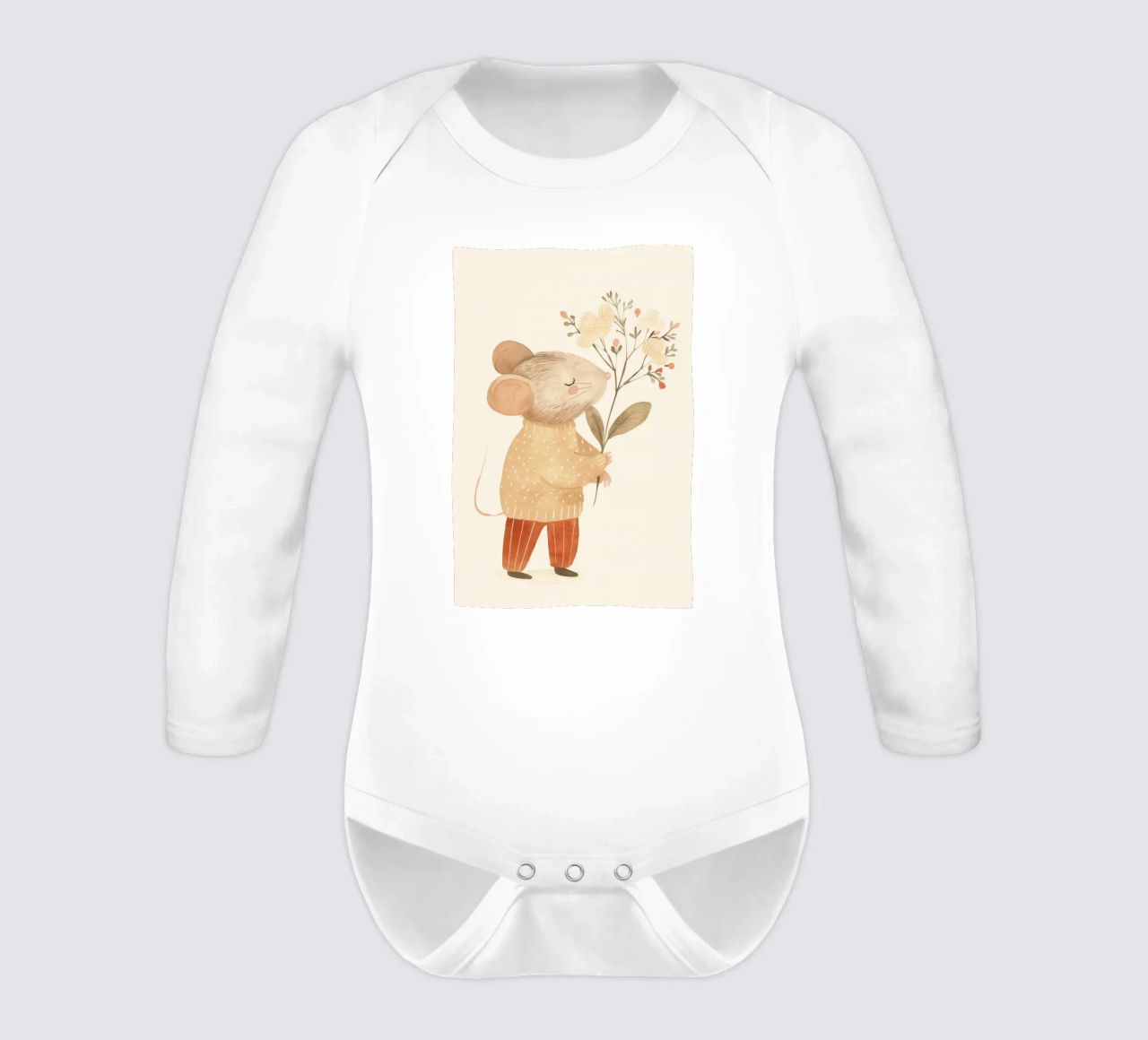 Aquarell Maus hält Blumen, Kinderzimmer Druck Langarm Babybody von Little Lola