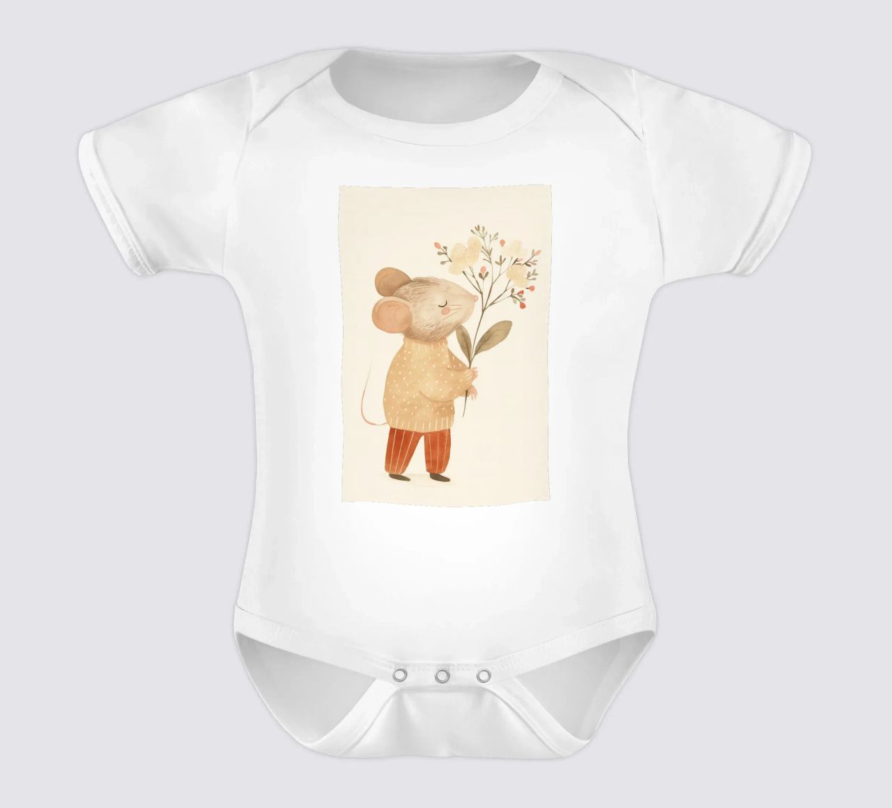 Aquarell Maus hält Blumen, Kinderzimmer Druck Kurzarm Babybody von Little Lola