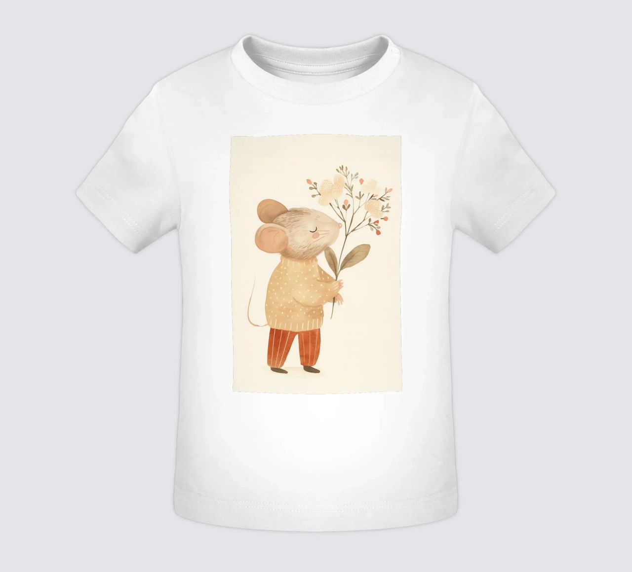 Aquarell Maus hält Blumen, Kinderzimmer Druck Baby T-Shirt von Little Lola