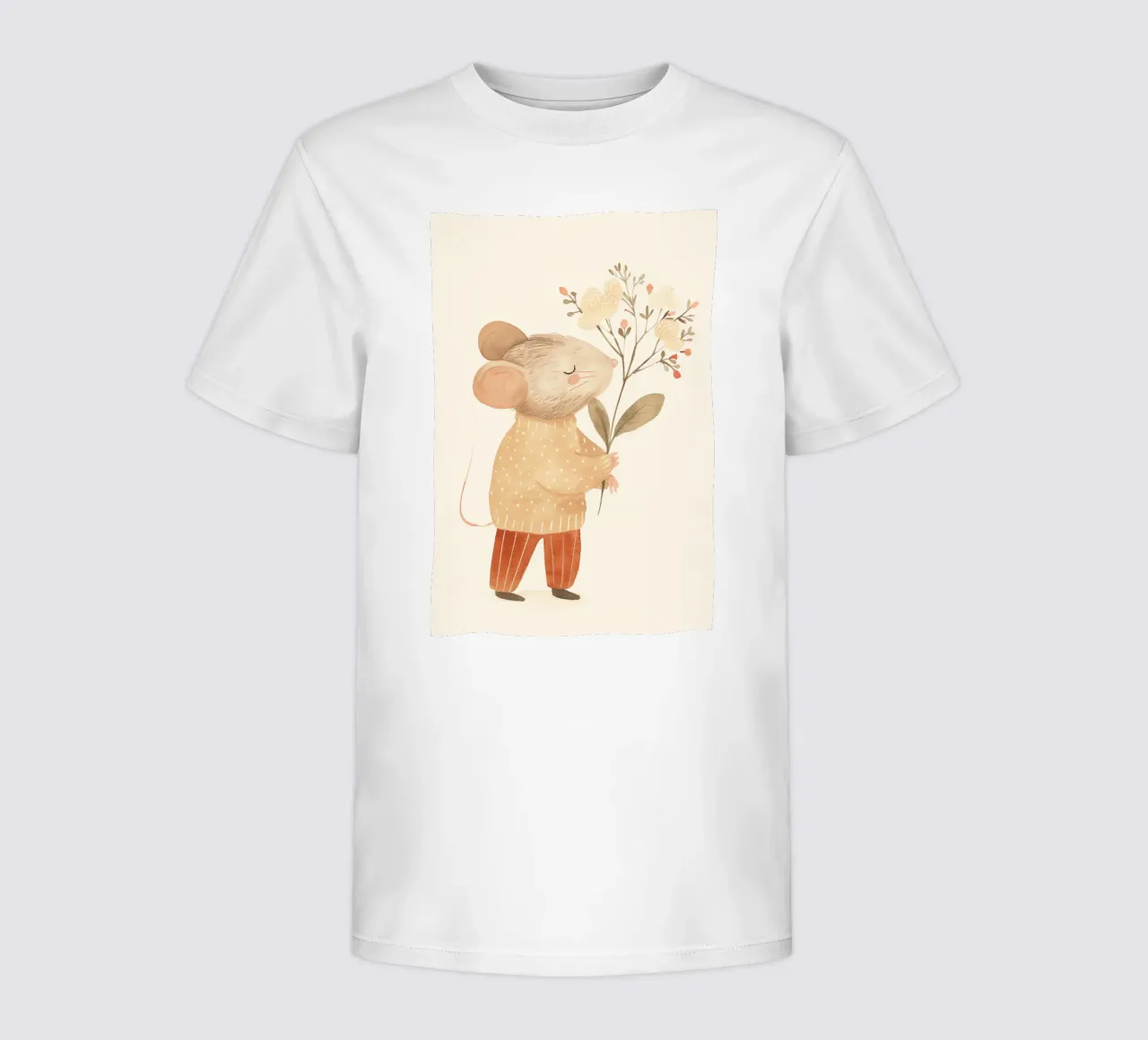 Watercolor Mouse Holding Flowers, Kids Nursery Print kids t-shirt by Little Lola