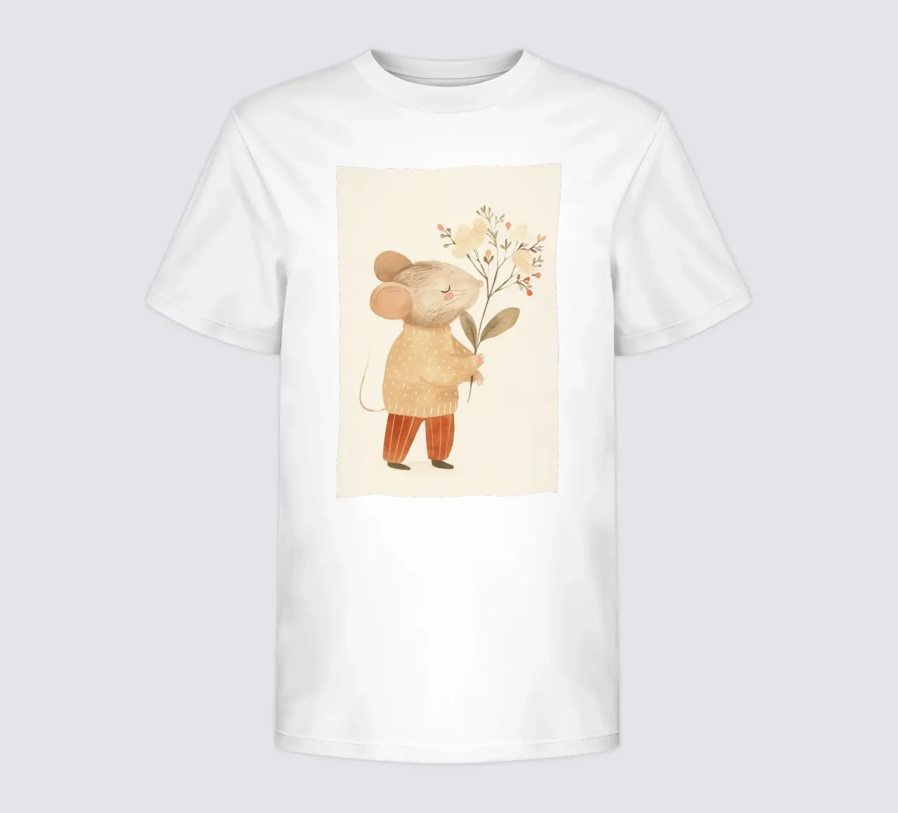 Watercolor Mouse Holding Flowers, Kids Nursery Print kids t-shirt by Little Lola