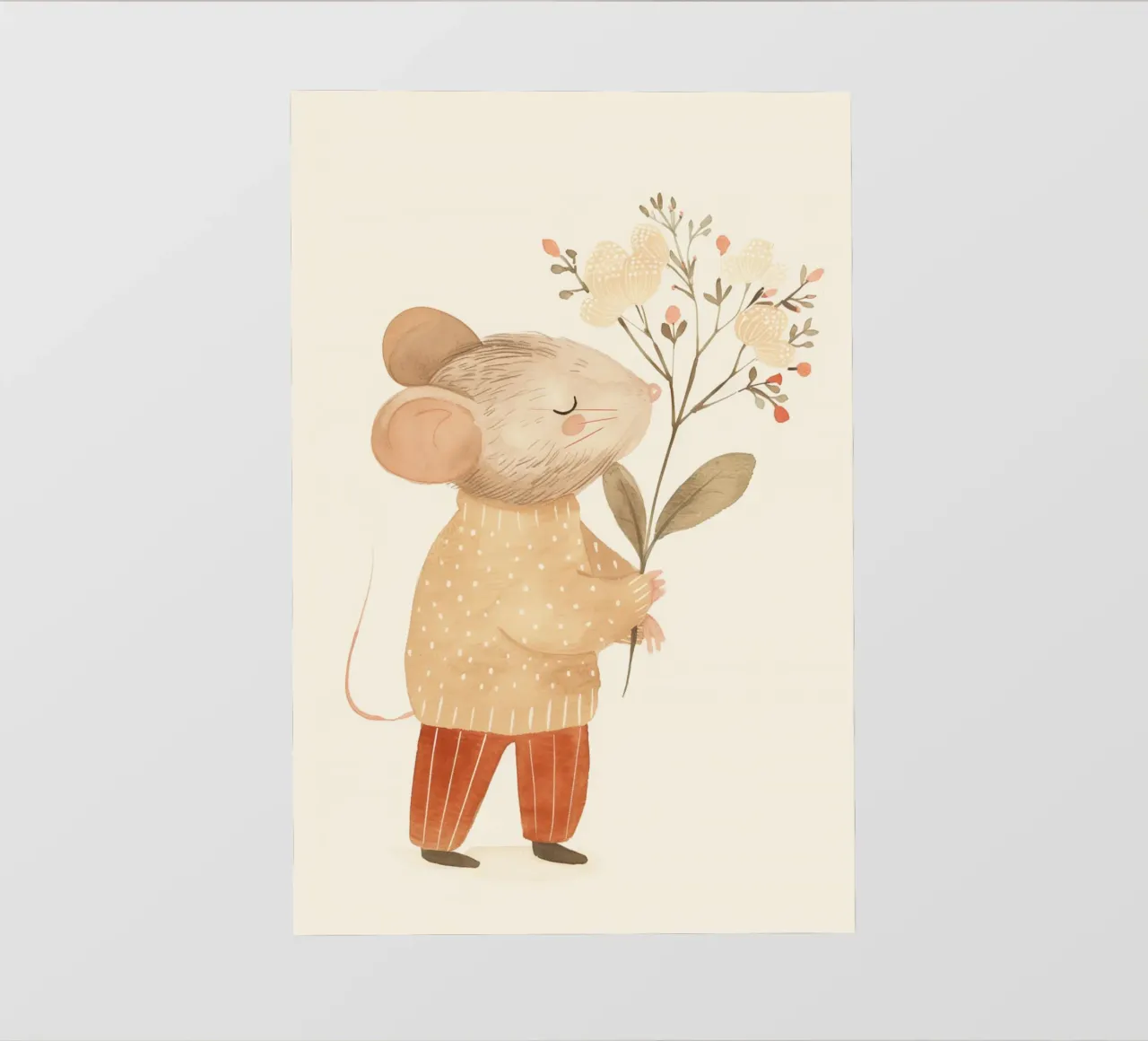 Topo acquerellato con fiori in mano, stampa per bambini in cameretta pellicola backlit da Little Lola