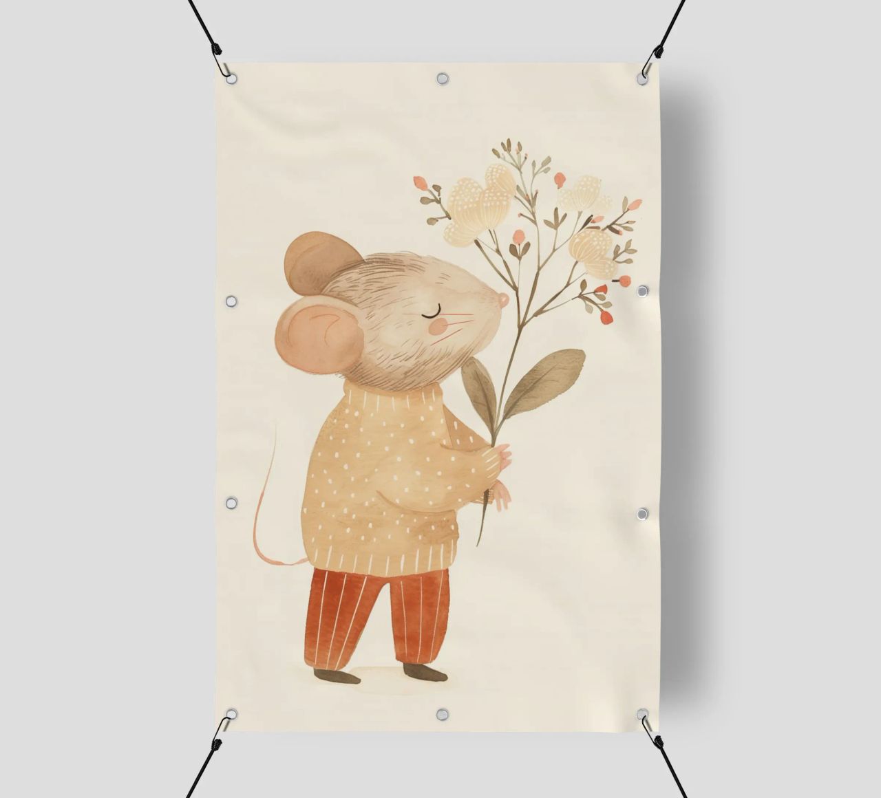 Aquarell Maus hält Blumen, Kinderzimmer Druck PVC Plane von Little Lola