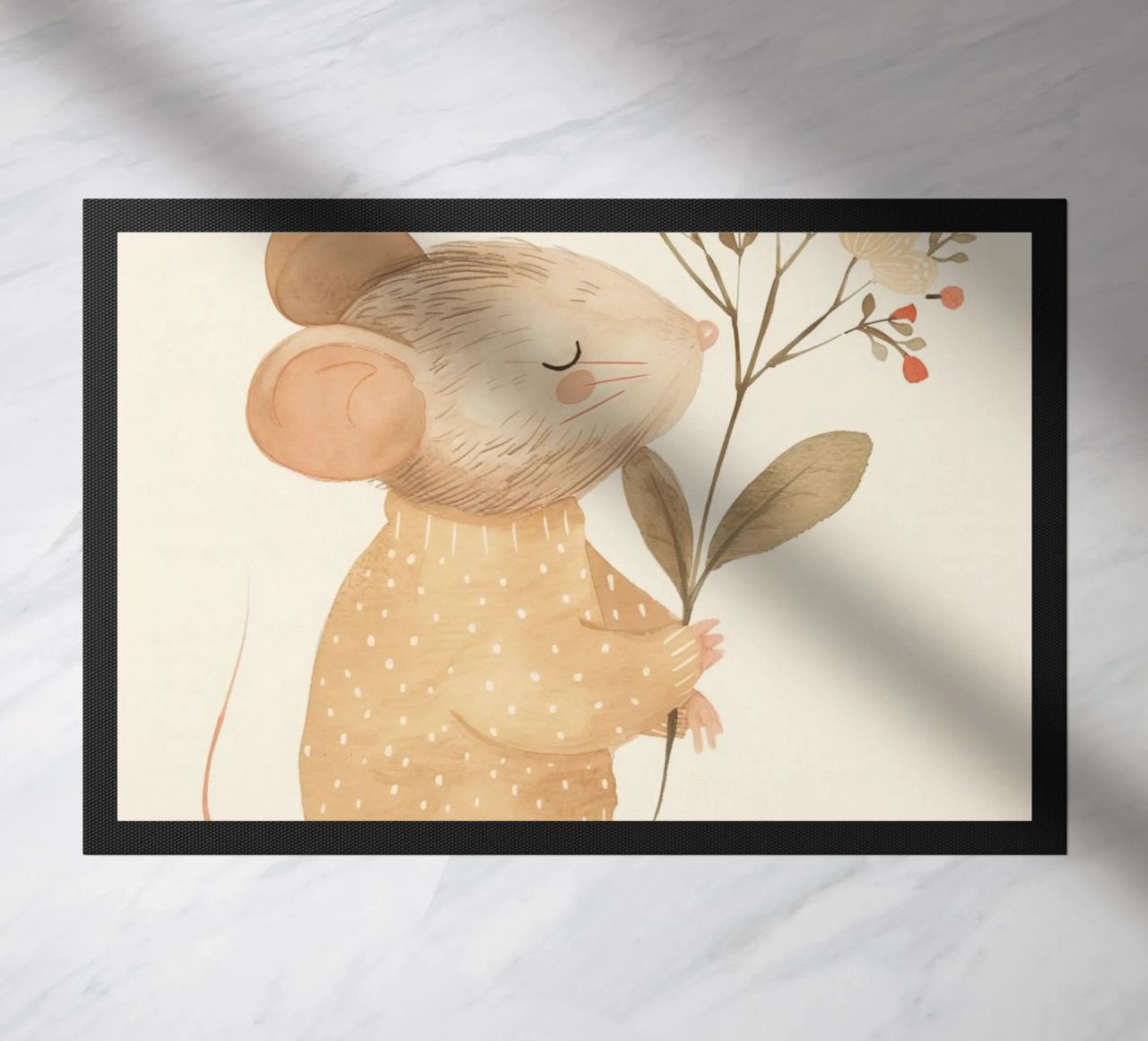Aquarell Maus hält Blumen, Kinderzimmer Druck Fußmatte von Little Lola