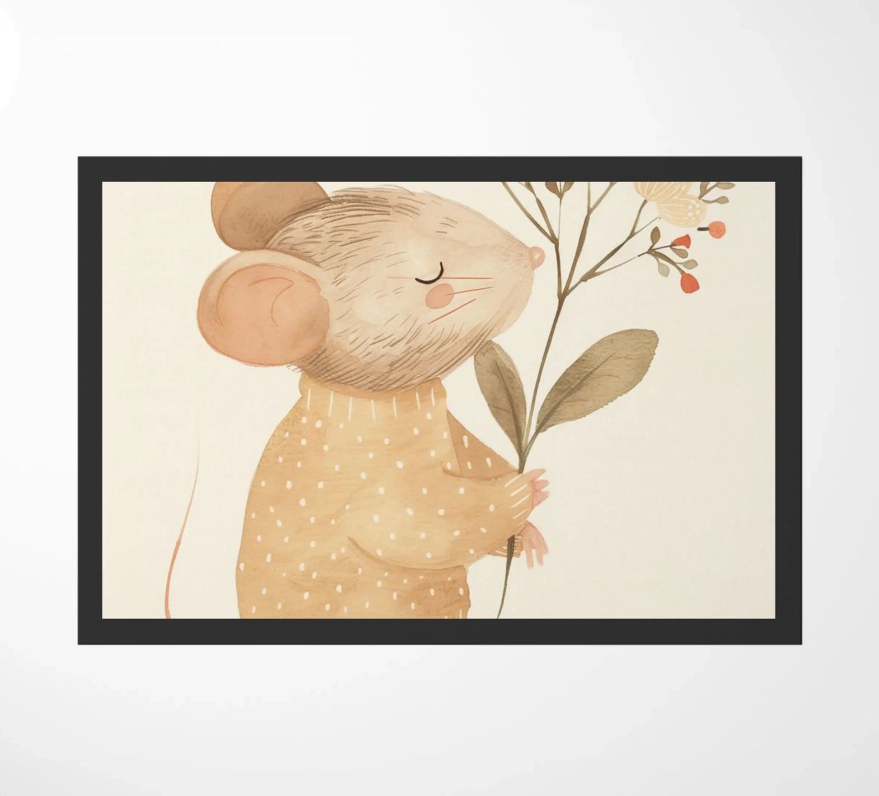 Aquarell Maus hält Blumen, Kinderzimmer Druck Fußmatte von Little Lola