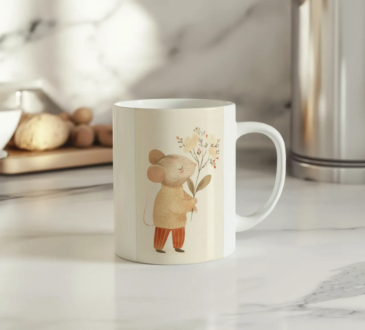 Topo acquerellato con fiori in mano, stampa per bambini in cameretta tazza in ceramica da Little Lola