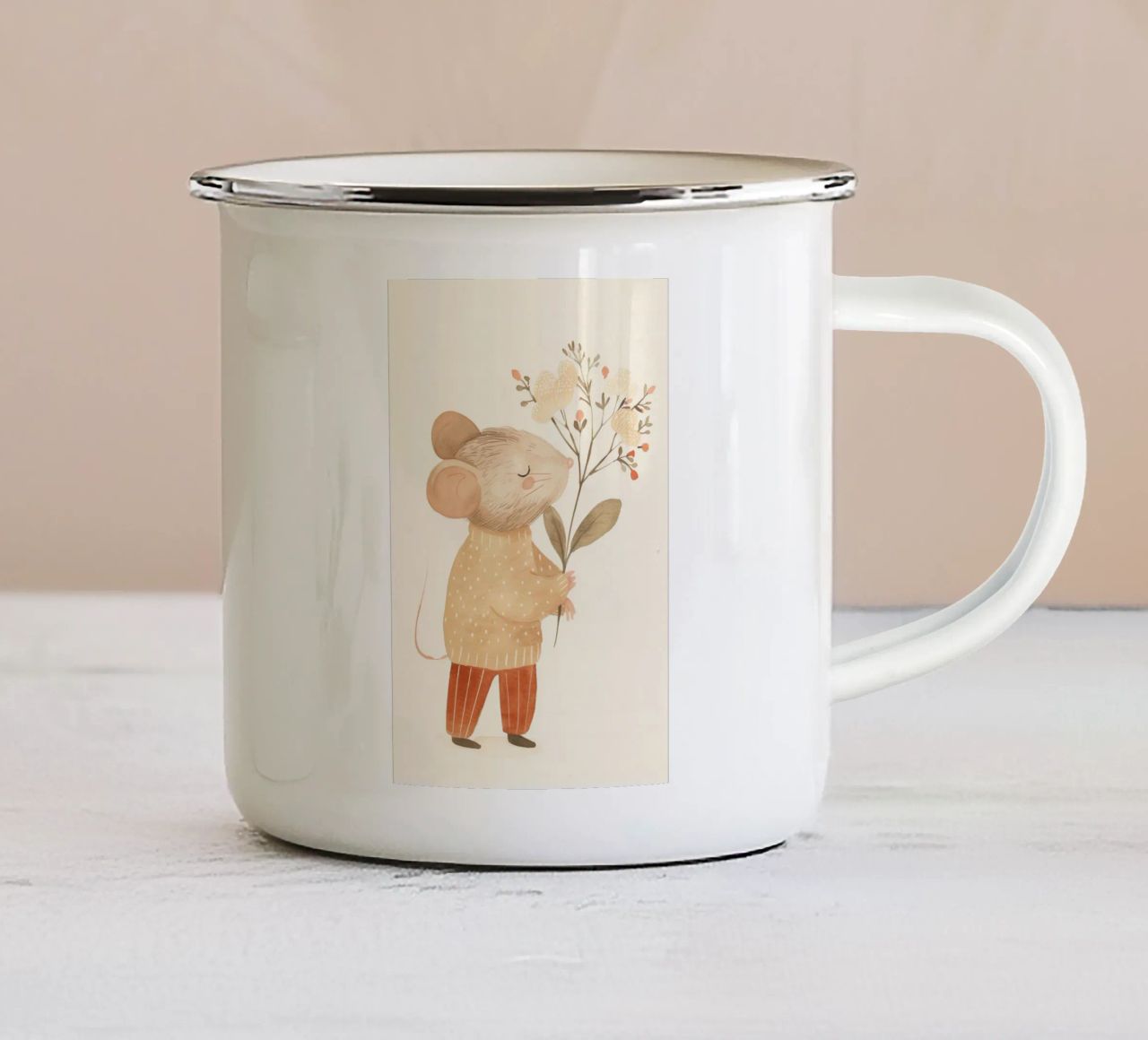Aquarell Maus hält Blumen, Kinderzimmer Druck Emaille Tasse von Little Lola