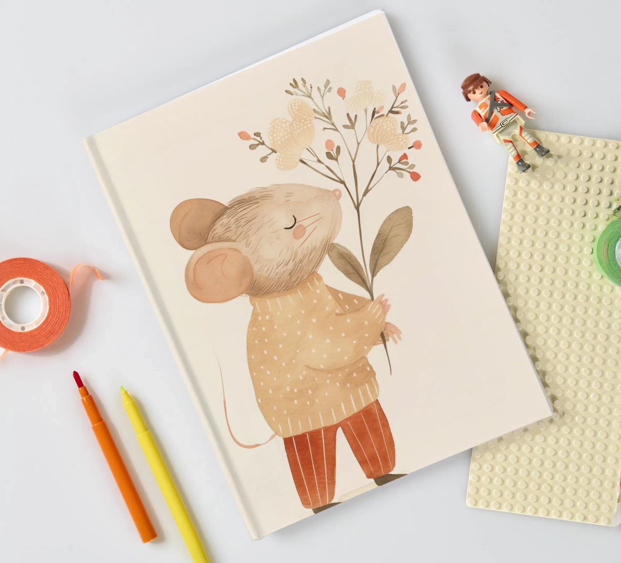 Aquarell Maus hält Blumen, Kinderzimmer Druck Notizbuch von Little Lola