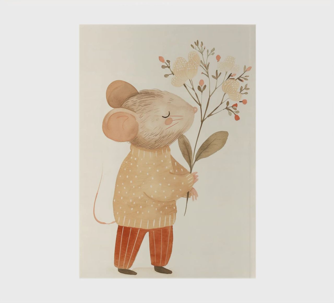 Aquarell Maus hält Blumen, Kinderzimmer Druck Notizbuch von Little Lola