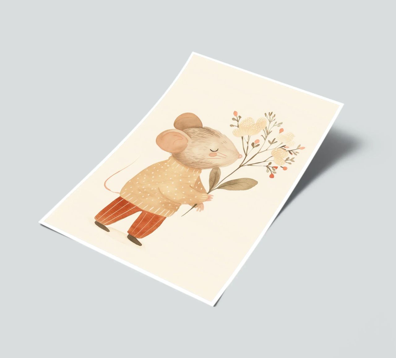 Aquarell Maus hält Blumen, Kinderzimmer Druck Stickerbogen von Little Lola