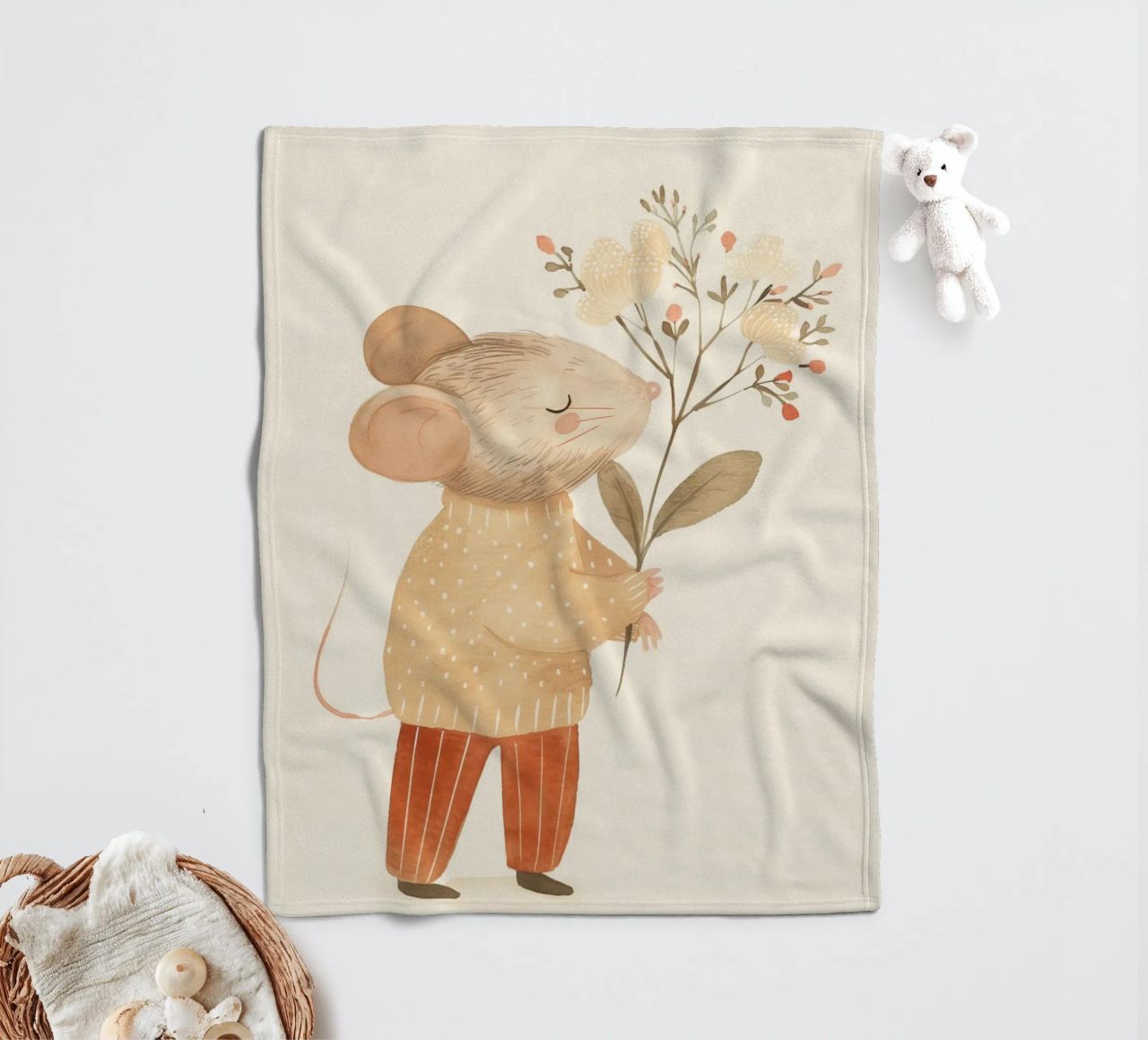 Aquarell Maus hält Blumen, Kinderzimmer Druck Fleecedecke von Little Lola