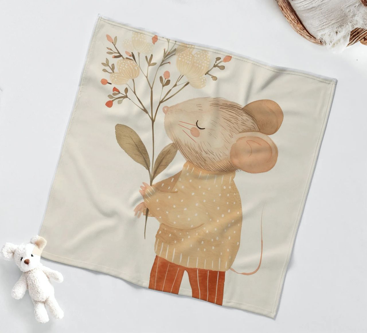 Aquarell Maus hält Blumen, Kinderzimmer Druck Fleecedecke von Little Lola