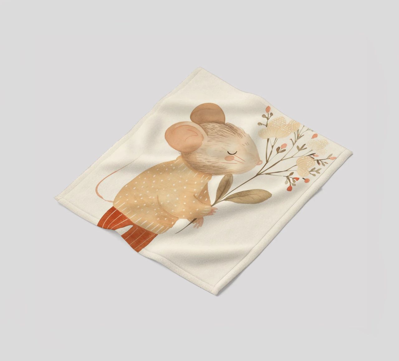 Aquarell Maus hält Blumen, Kinderzimmer Druck Fleecedecke von Little Lola