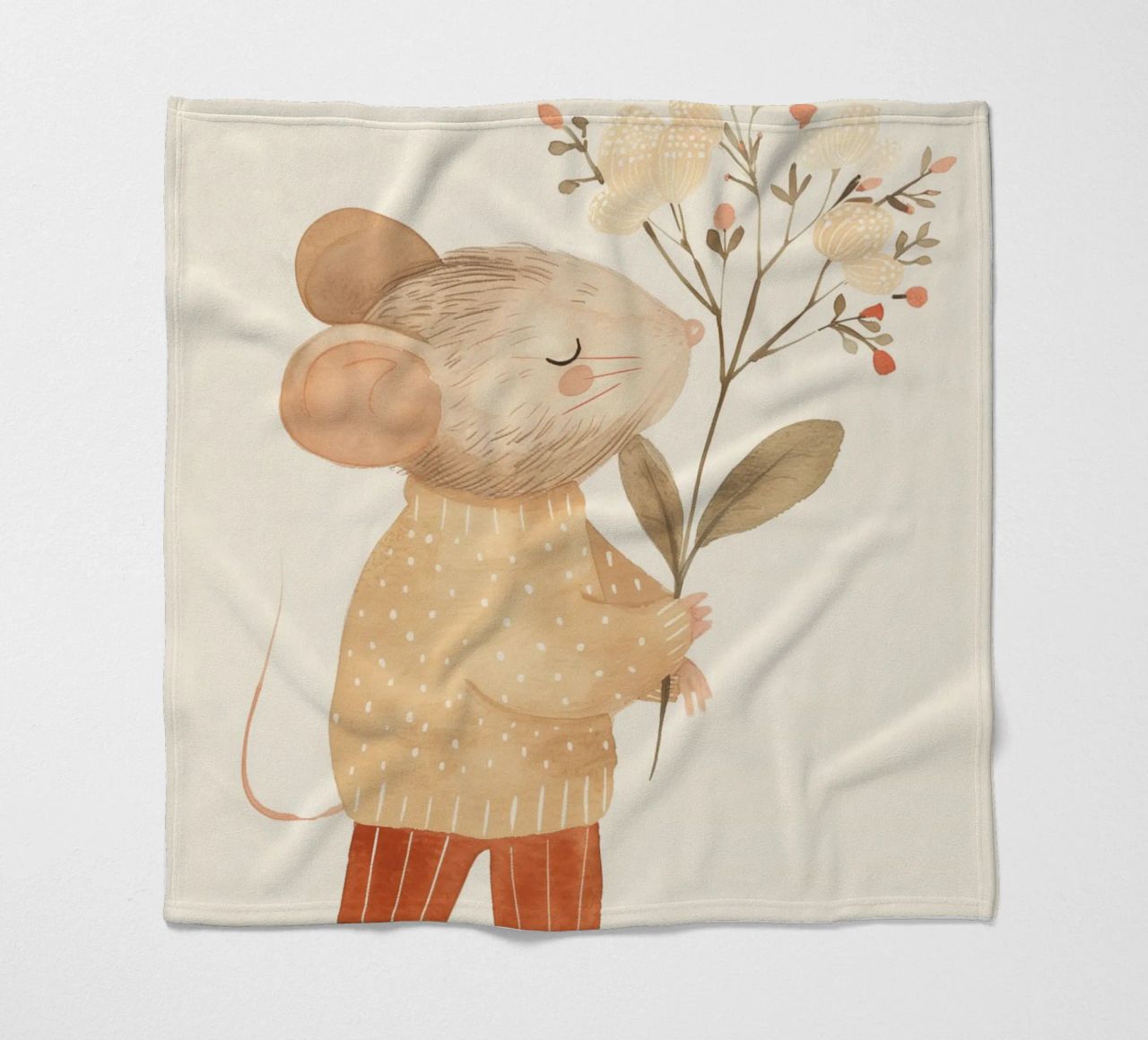 Aquarell Maus hält Blumen, Kinderzimmer Druck Fleecedecke von Little Lola