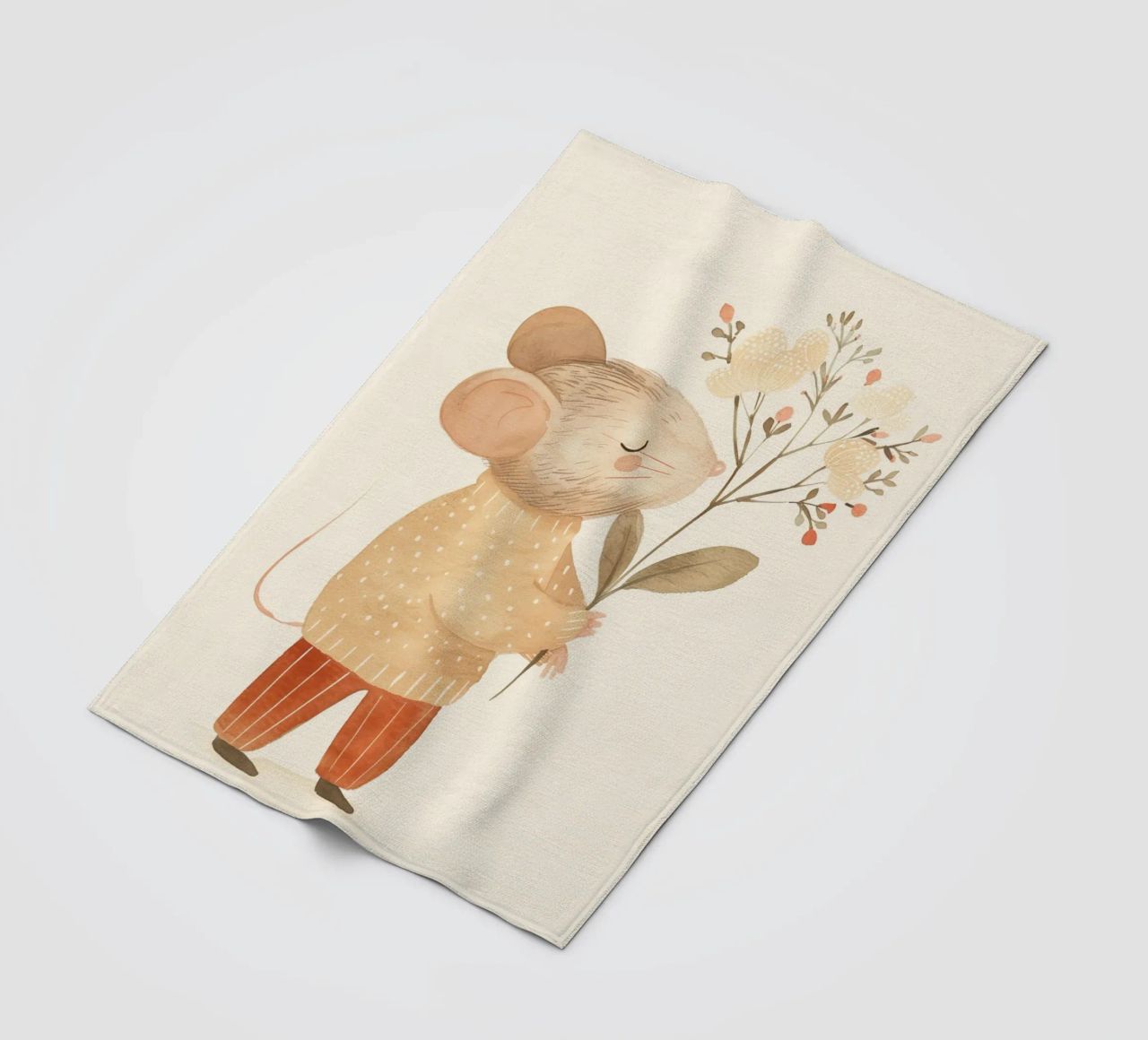 Aquarell Maus hält Blumen, Kinderzimmer Druck Fleecedecke von Little Lola