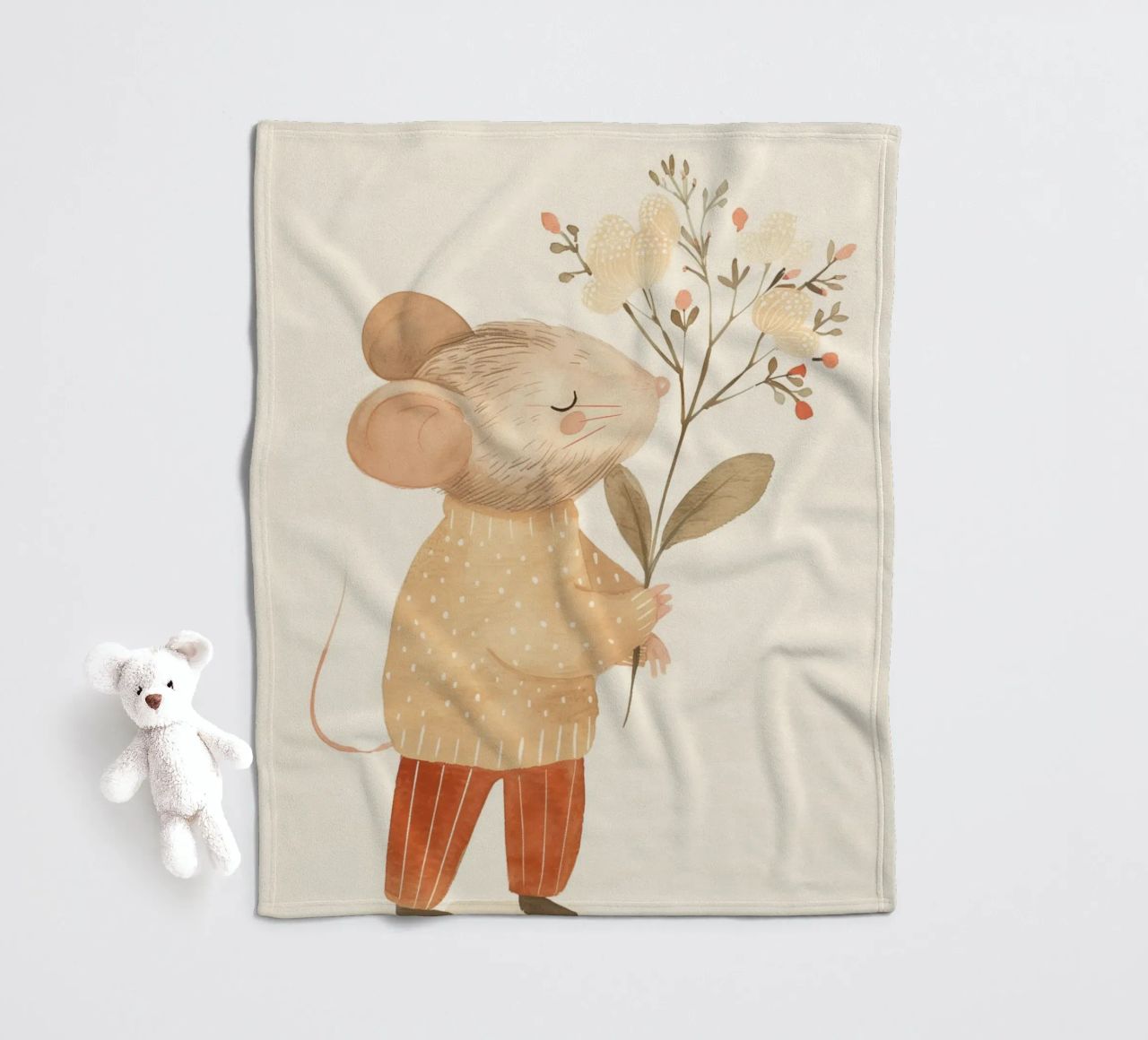 Aquarell Maus hält Blumen, Kinderzimmer Druck Fleecedecke von Little Lola