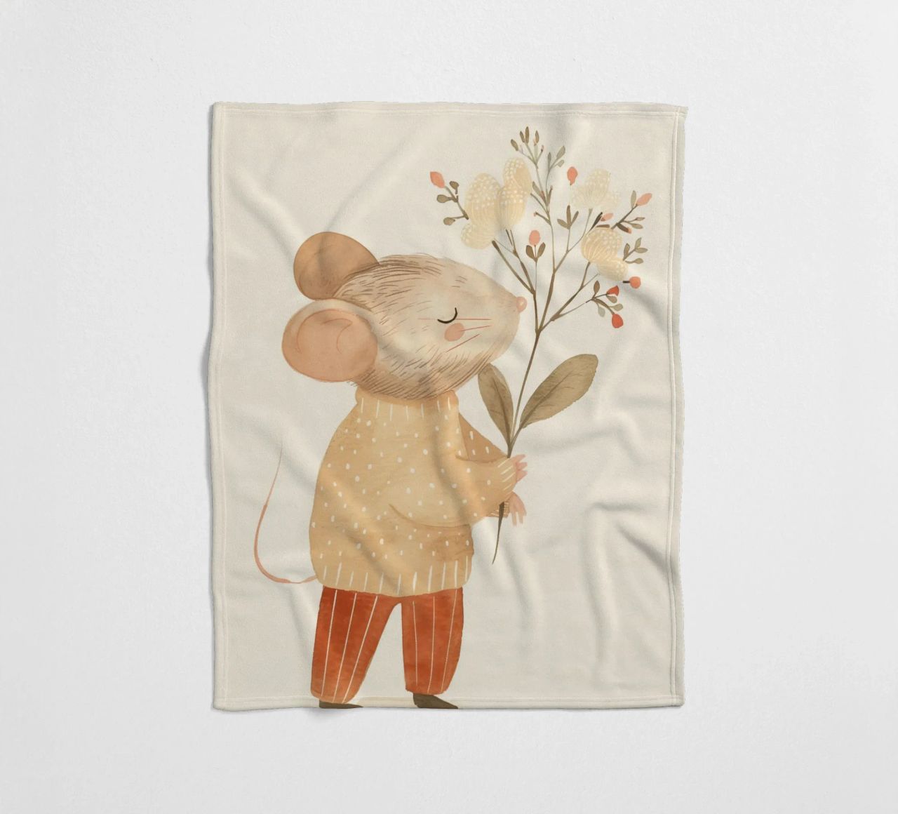 Aquarell Maus hält Blumen, Kinderzimmer Druck Fleecedecke von Little Lola