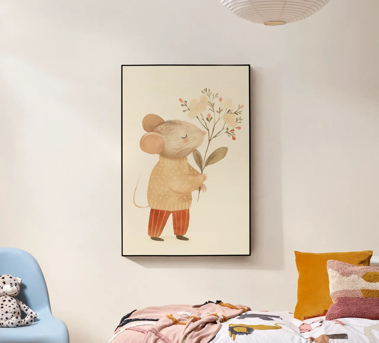 Topo acquerellato con fiori in mano, stampa per bambini in cameretta plexiglass da Little Lola