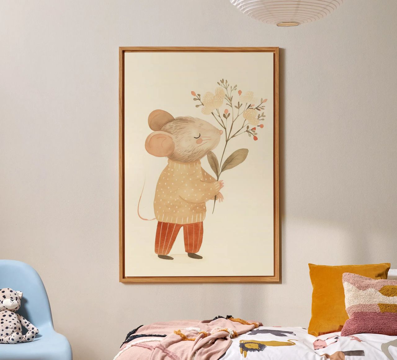 Aquarell Maus hält Blumen, Kinderzimmer Druck Alu-Dibond von Little Lola