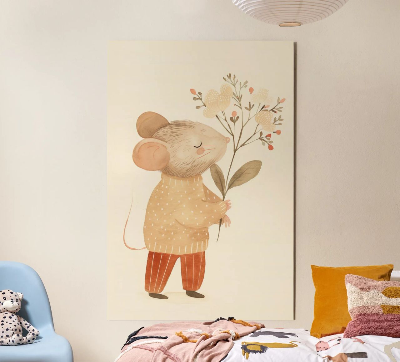Aquarell Maus hält Blumen, Kinderzimmer Druck Alu-Dibond von Little Lola
